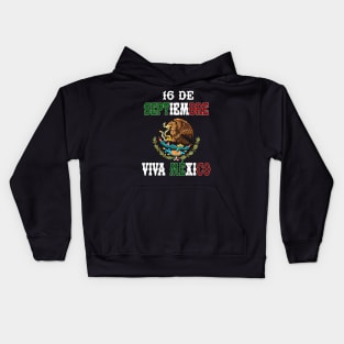 Playera16 de Septiembre con Escudo de Mexico Fiestas Patrias Independencia de Mexico Kids Hoodie